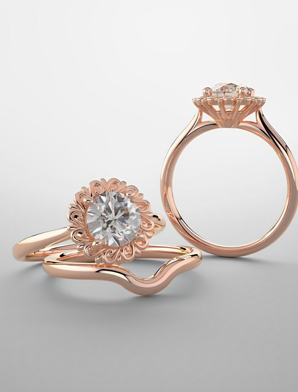 Bridal set, engagement ring in rose gold & diamond