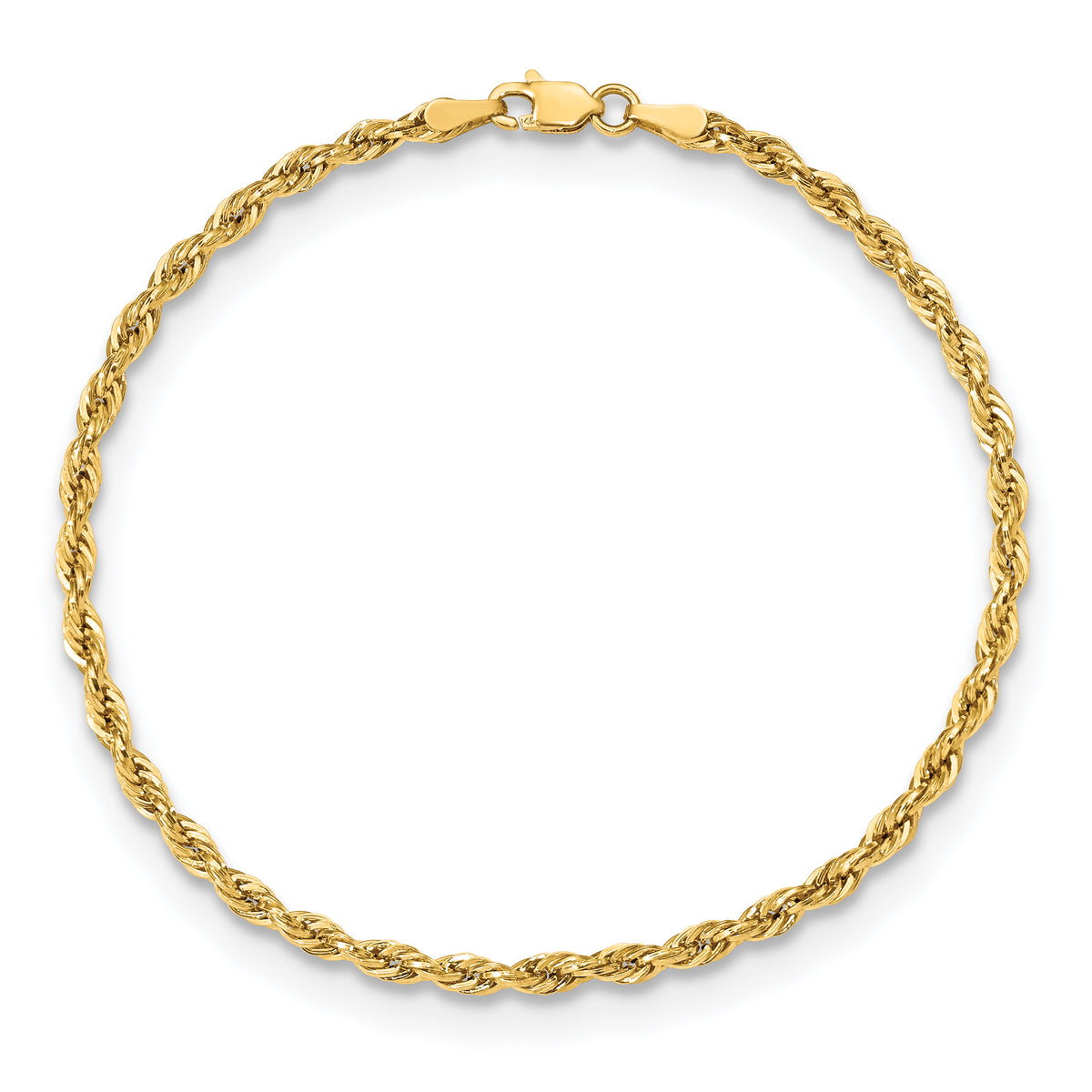 Gold (10K & 14K) Semi-Solid Rope Chain Bracelet - 10k Yellow Gold / 7 in / 3 mm