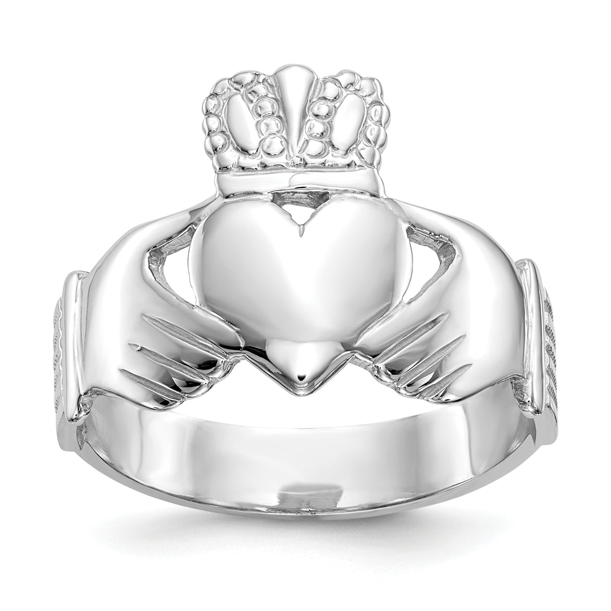 Polished Mens Claddagh Ring - 10k White Gold