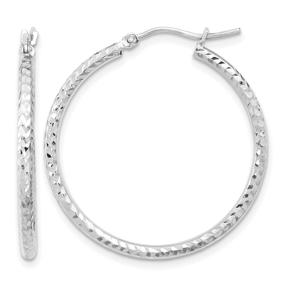Gold Diamond-cut Classic Hoop Earrings - 10k White Gold / 2 mm / 30 mm, Round