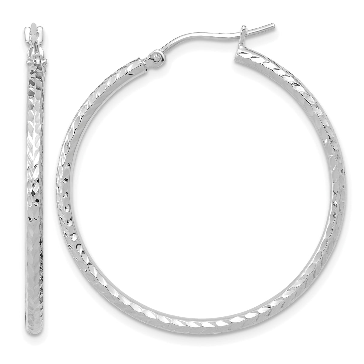 Gold Diamond-cut Classic Hoop Earrings - 10k White Gold / 2 mm / 35 mm
