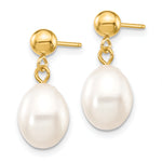 Rice Freshwater Cultured Pearl Dangle Post Earrings - 10k Yellow Gold / 7 to 8 mm (range) / White
