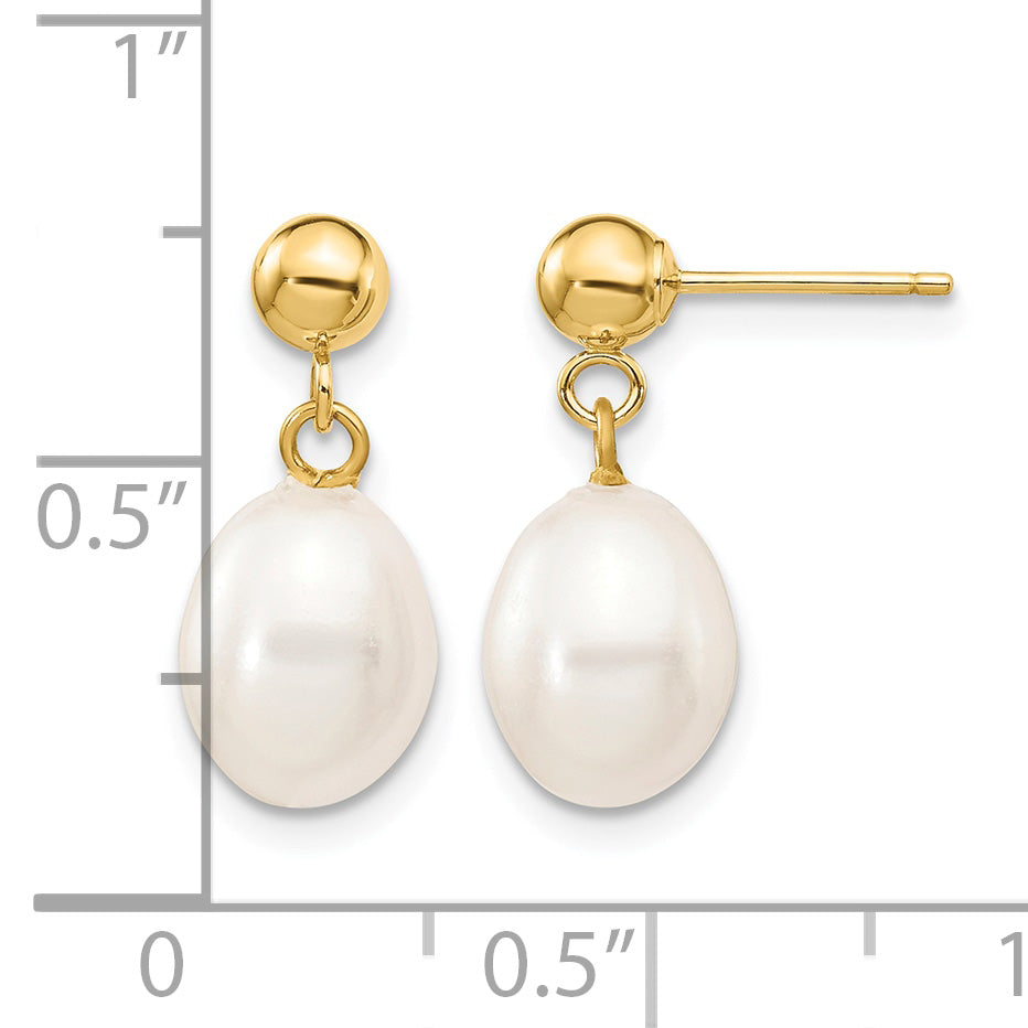 Rice Freshwater Cultured Pearl Dangle Post Earrings - 10k Yellow Gold / 7 to 8 mm (range) / White