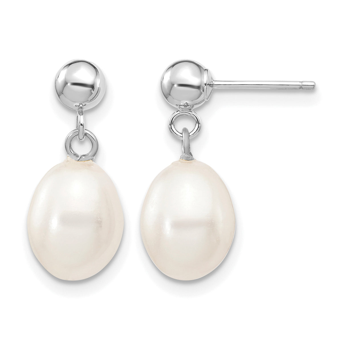 Rice Freshwater Cultured Pearl Dangle Post Earrings - 10k White Gold / 7 to 8 mm (range) / White