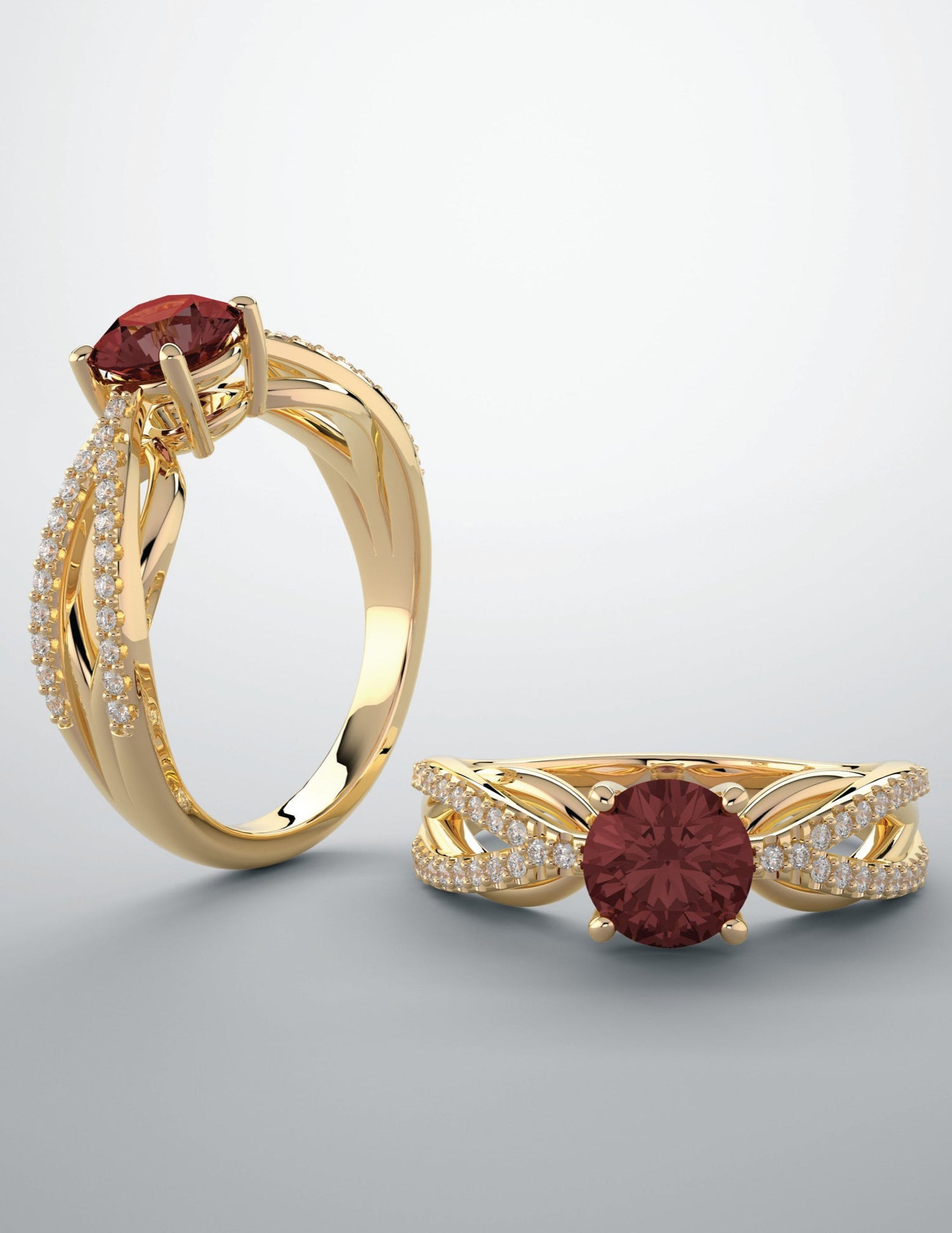 Red garnet color gem ring with lab grown diamonds