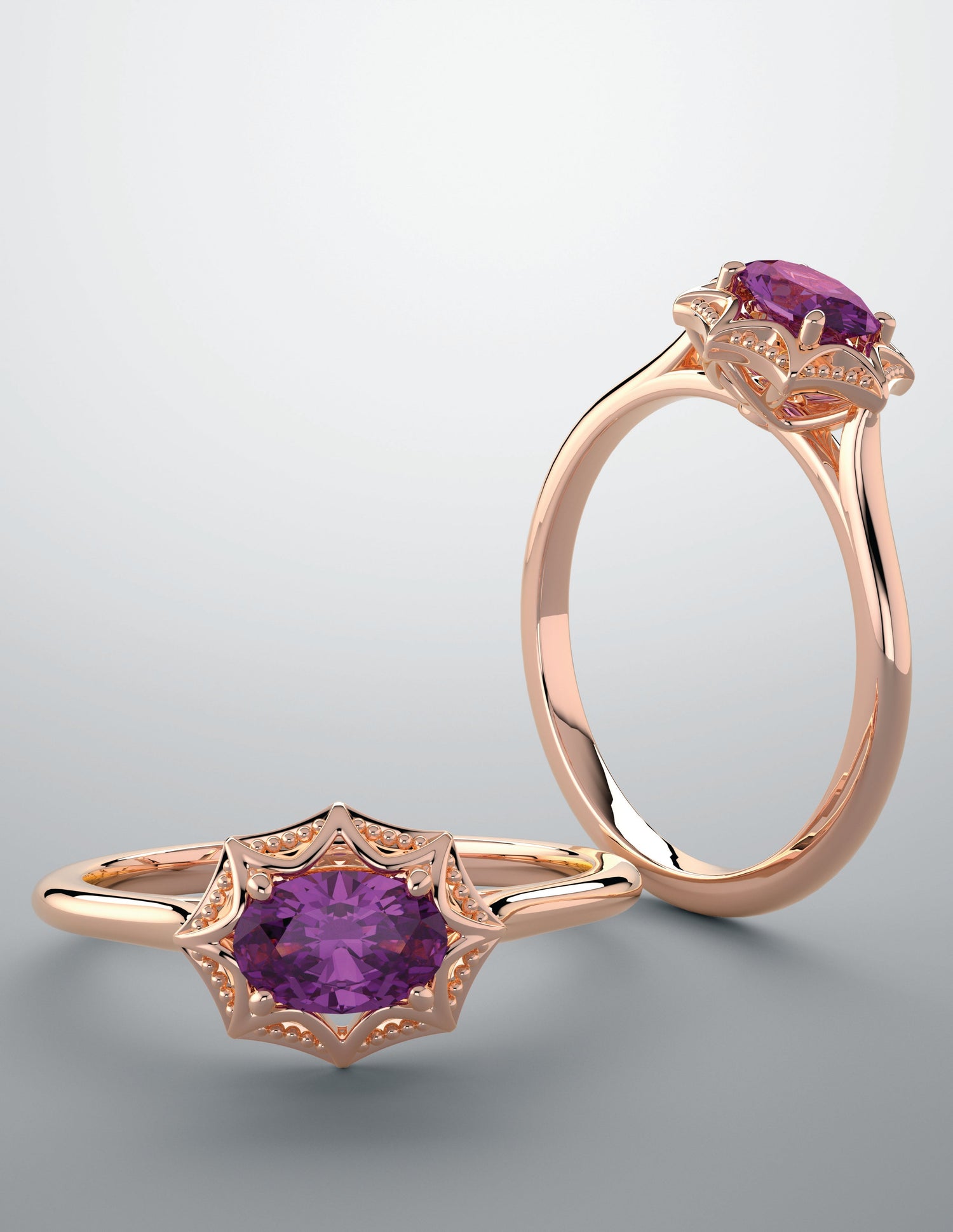 Purple amethyst color gem ring with rose gold