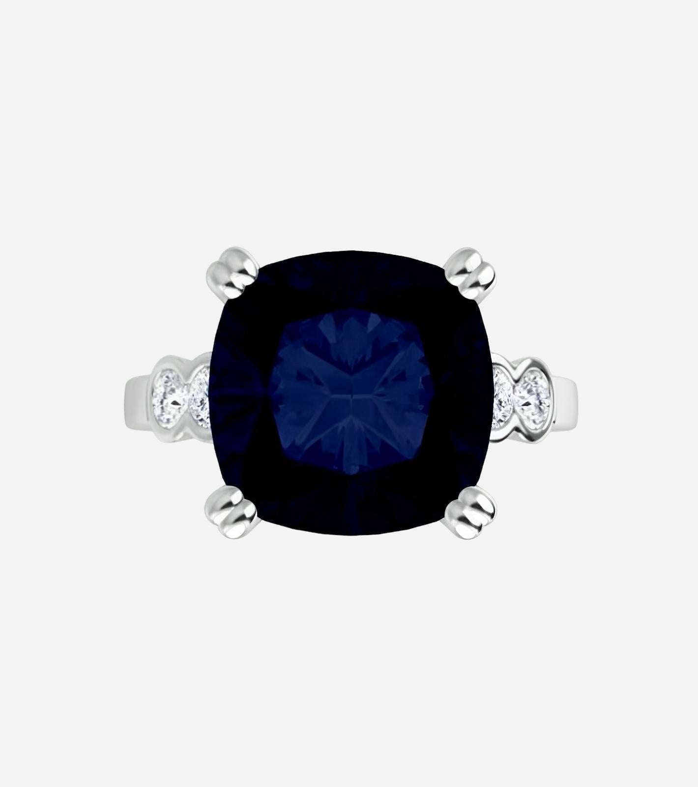 Color gem ring, yellow gold with imitation blue sapphire & lab grown diamonds