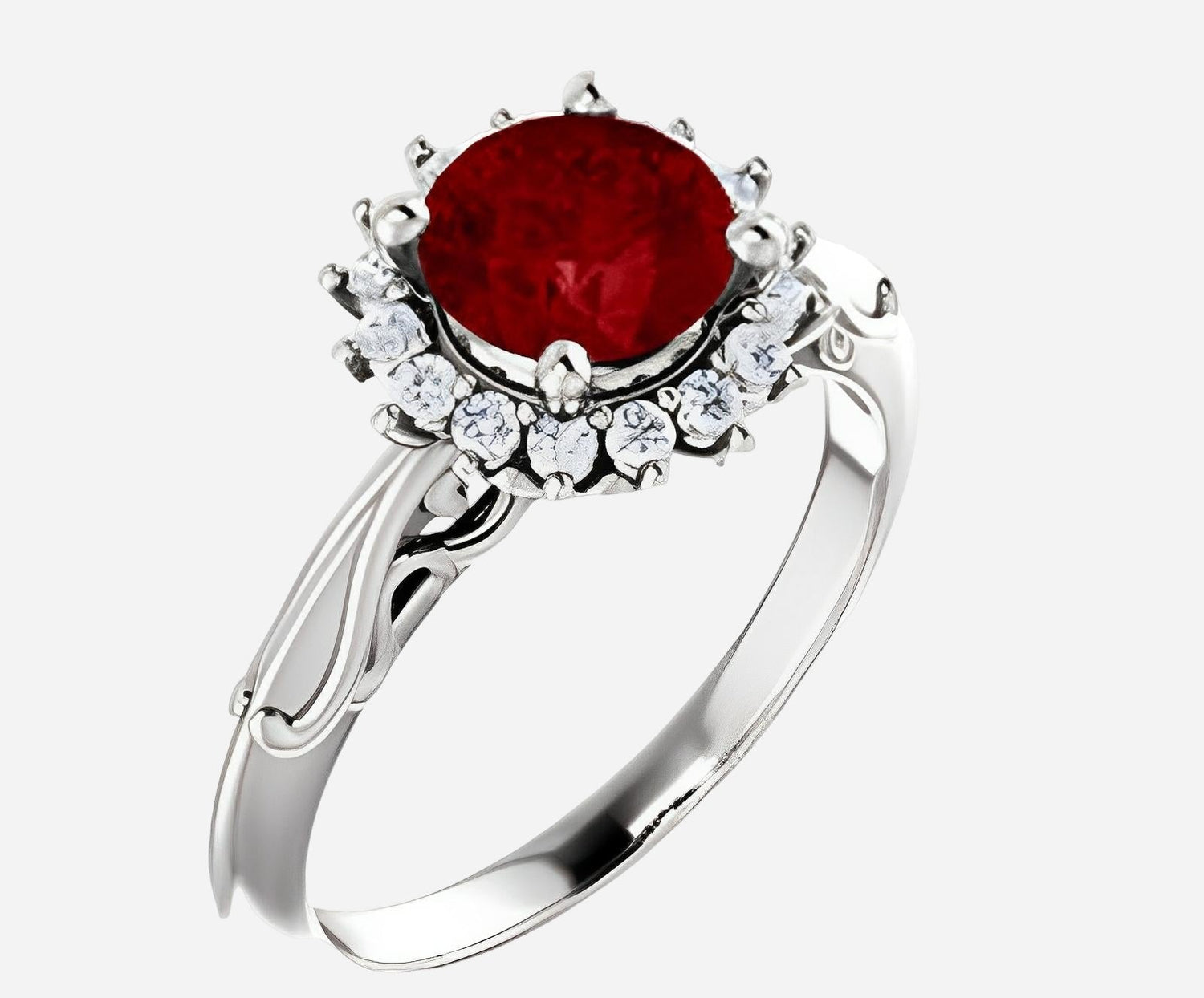 Red ruby ring with continuum silver & diamonds