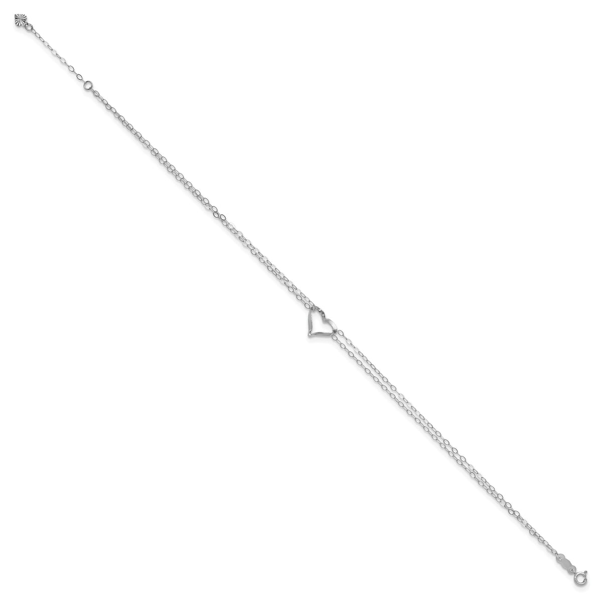 14k White Gold Double Strand Chain Twisted Heart Anklet with 1 inch Extender, view 2 - 9-10 in