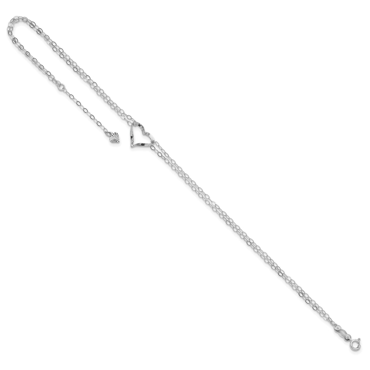 14k White Gold Double Strand Chain Twisted Heart Anklet with 1 inch Extender, view 7 - 9-10 in