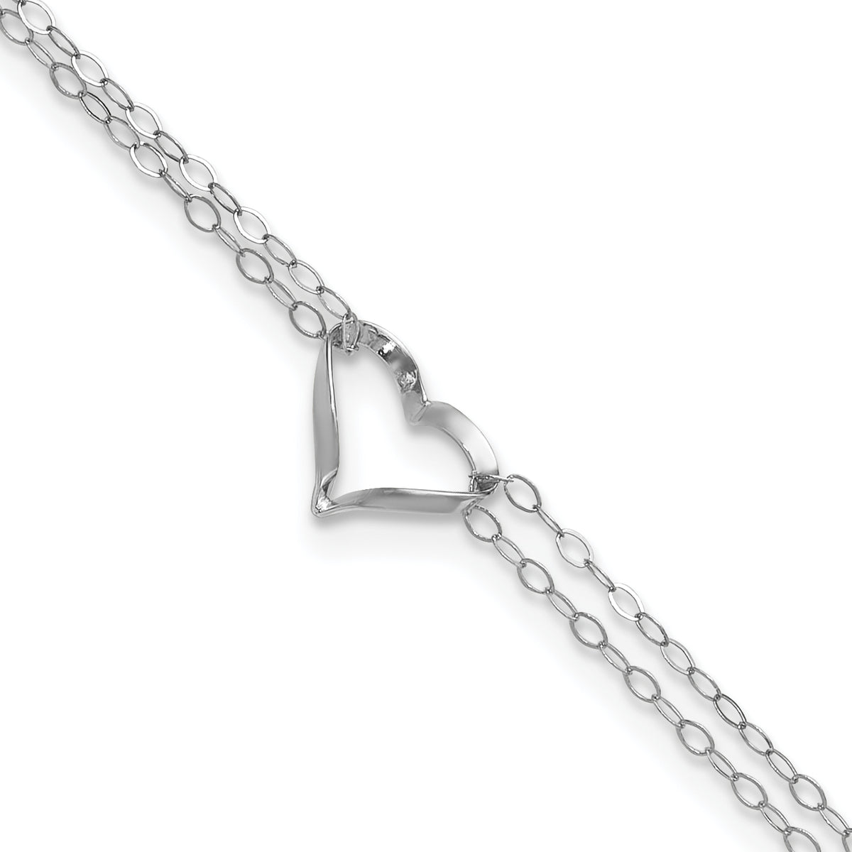 14k White Gold Double Strand Chain Twisted Heart Anklet with 1 inch Extender - 9-10 in