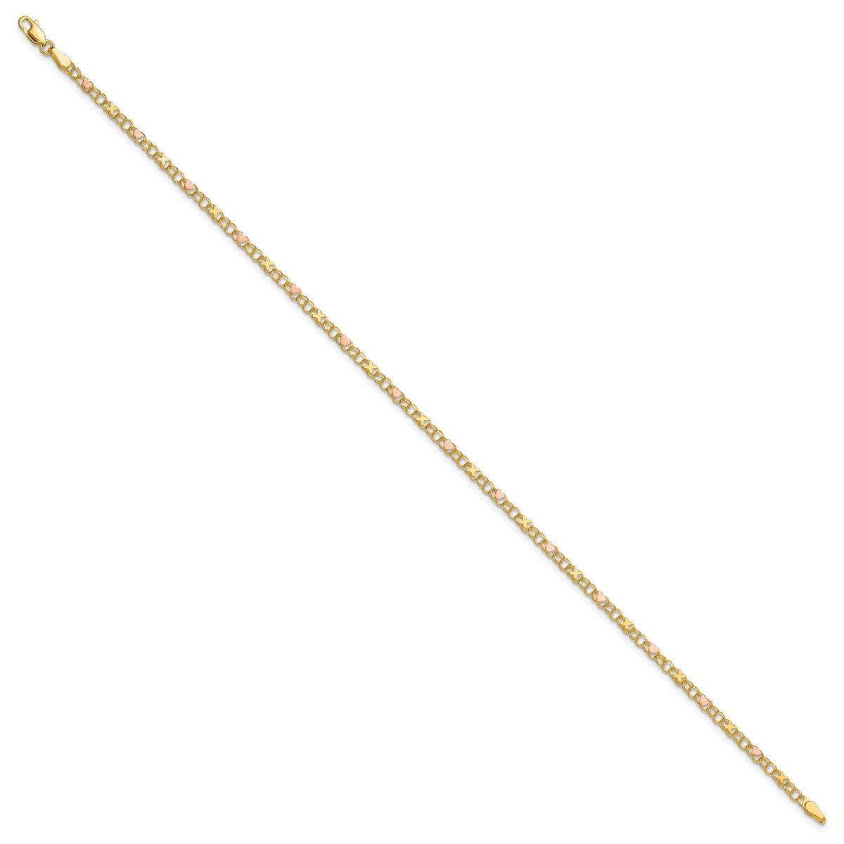 14k Two-Tone Gold Polished and Satin Rose-plated X-and-Heart Anklet, view 2 - 9 in