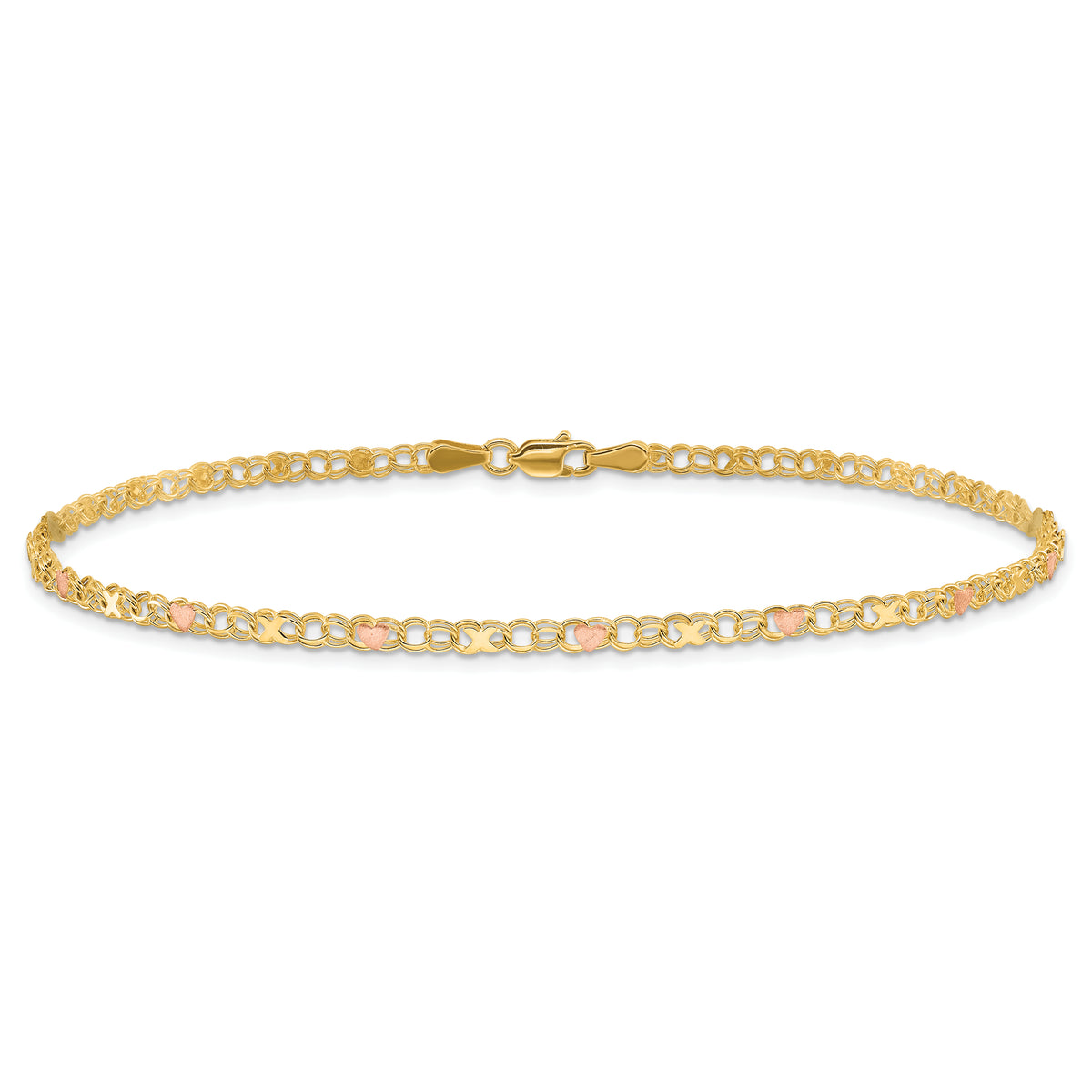 14k Two-Tone Gold Polished and Satin Rose-plated X-and-Heart Anklet, view 3 - 9 in