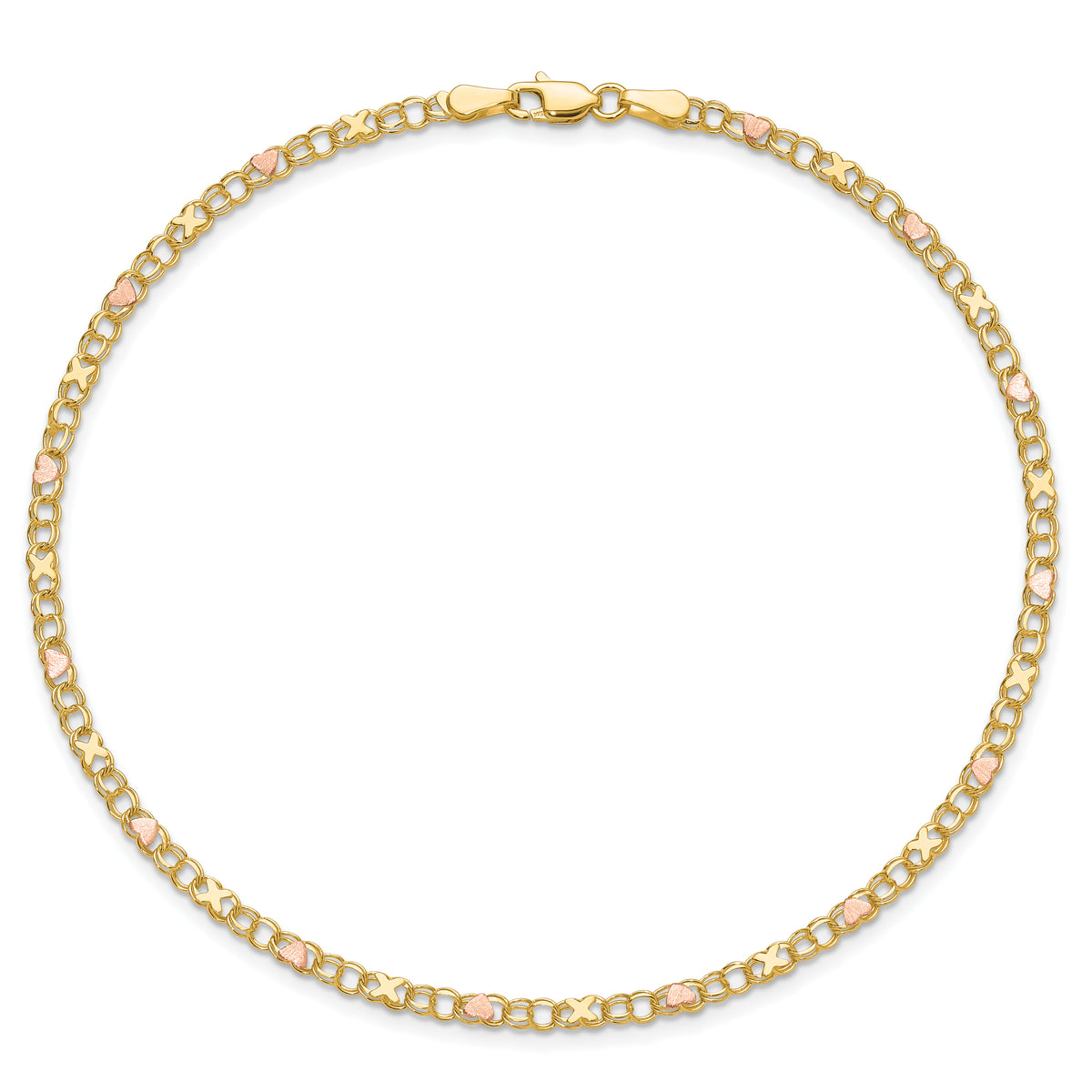 14k Two-Tone Gold Polished and Satin Rose-plated X-and-Heart Anklet, view 4 - 9 in