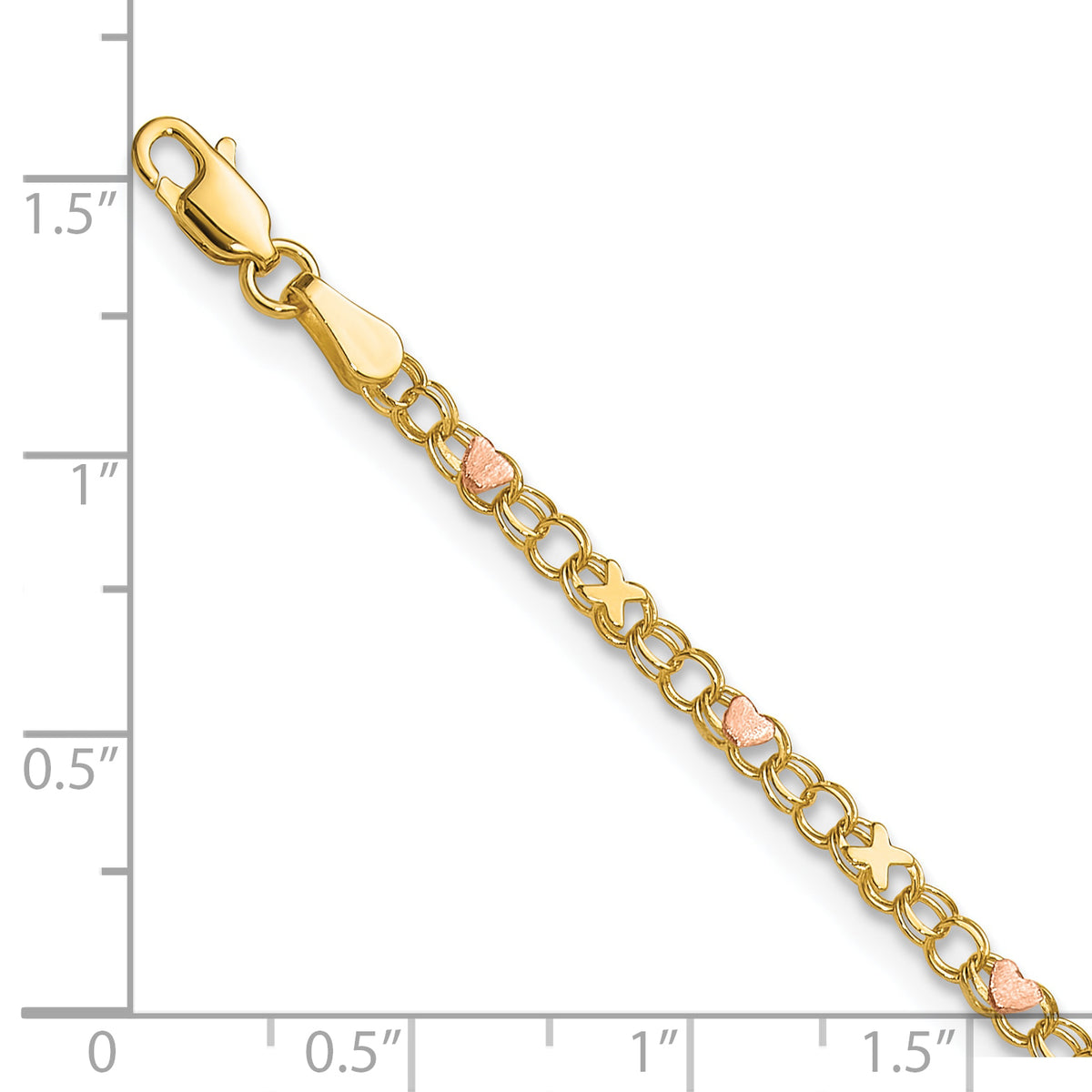 14k Two-Tone Gold Polished and Satin Rose-plated X-and-Heart Anklet, shown with a ruler for scale - 10 in