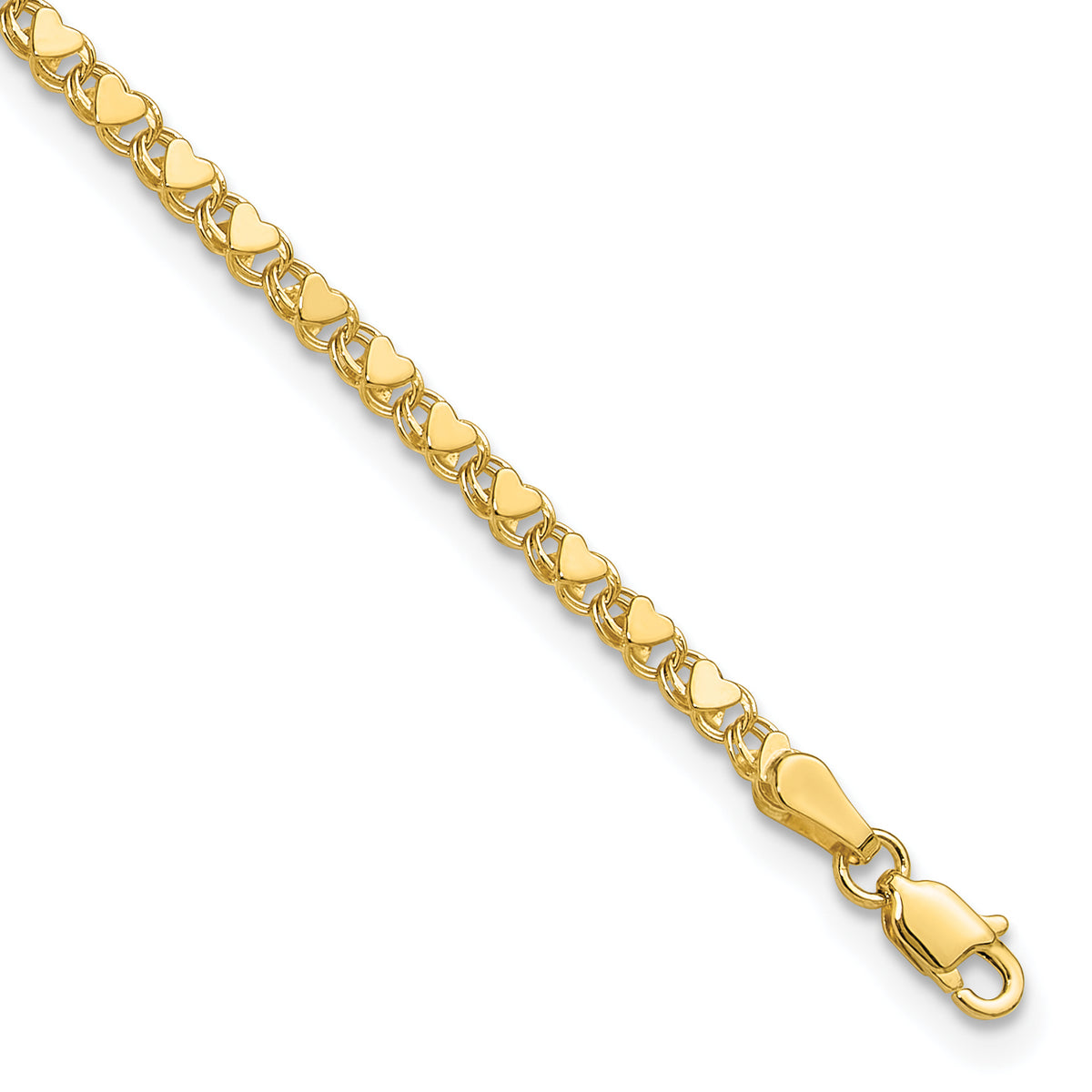 14k Yellow Gold Polished Double-Sided Hearts Double Link Anklet - 10 in