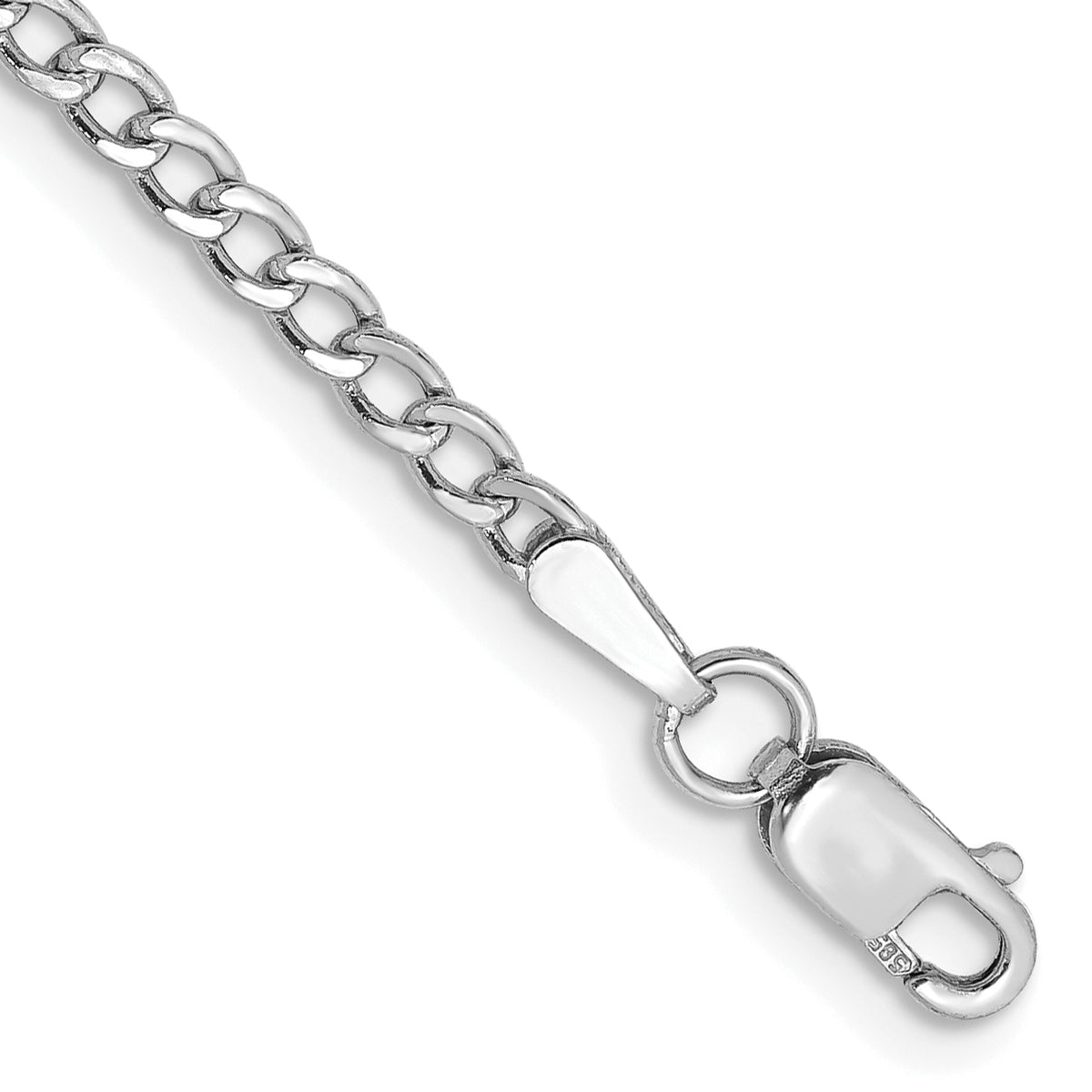 Gold (10K & 14K) Semi-Solid Curb Link Chain Bracelet - 14k White Gold / 8 in / 2.5 mm
