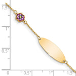 14k Yellow Gold Children's Purple Enamel Flower ID Bracelet with 20x7mm Plate, 5.5-6 inch, shown with a ruler for scale