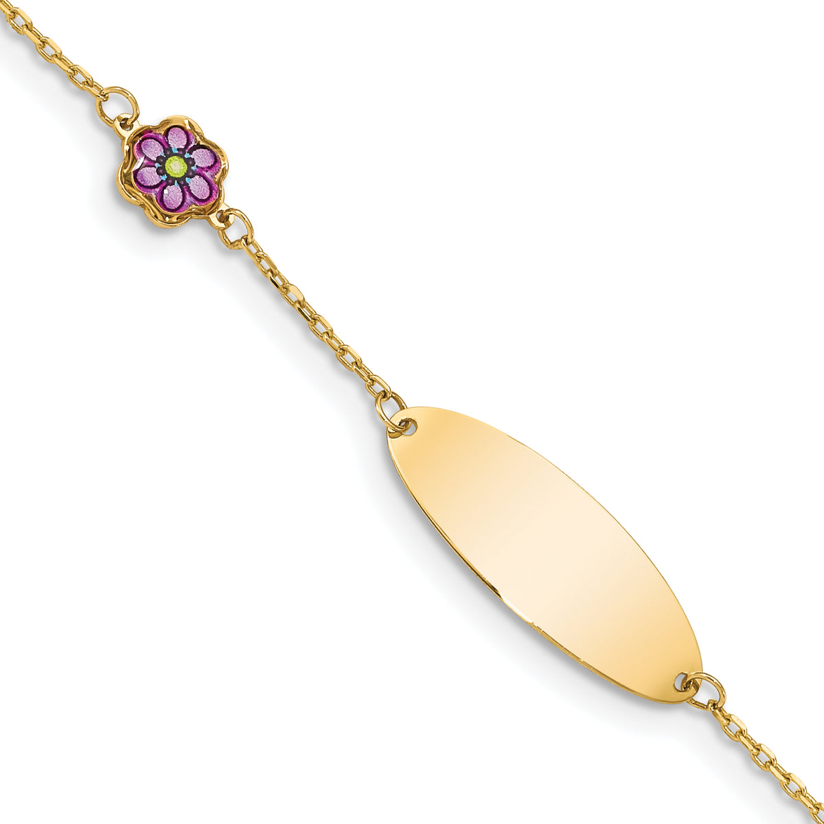 14k Yellow Gold Children's Purple Enamel Flower ID Bracelet with 20x7mm Plate, 5.5-6 inch
