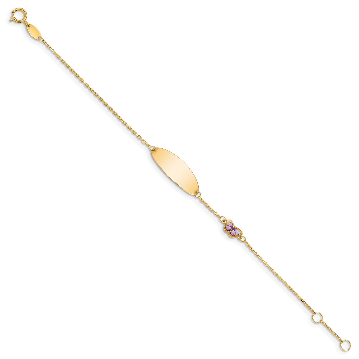 14k Yellow Gold Children's Purple Enamel Butterfly ID Bracelet with 20x7mm Plate, view 2 - 5.5-6 in