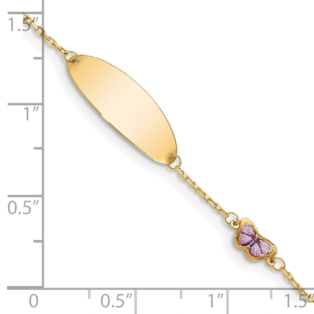14k Yellow Gold Children's Purple Enamel Butterfly ID Bracelet with 20x7mm Plate, shown with a ruler for scale - 5.5-6 in