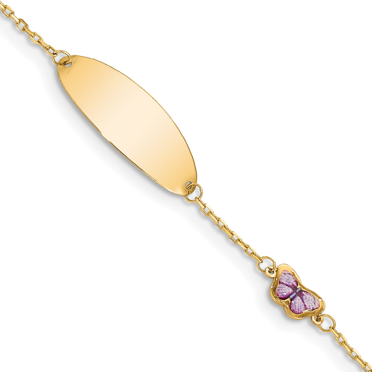 14k Yellow Gold Children's Purple Enamel Butterfly ID Bracelet with 20x7mm Plate - 5.5-6 in#5.5-6 in