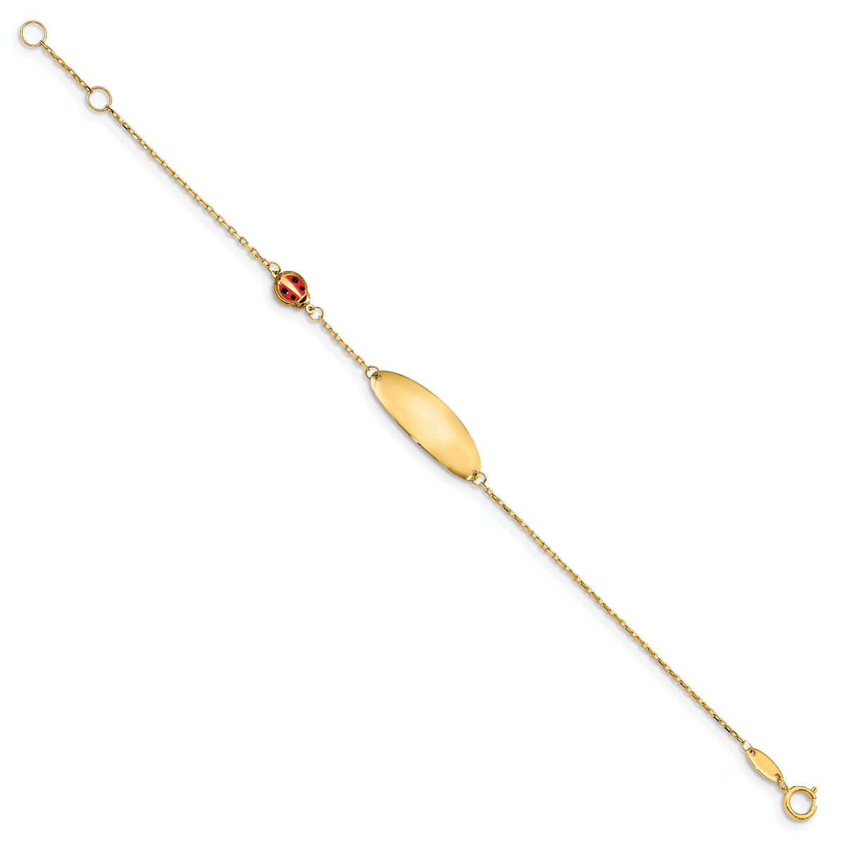 14K Polished Red Enamel Ladybug and 20x7mm Plate 5.5 inch with 0.5 inch Extender ID Bracelet