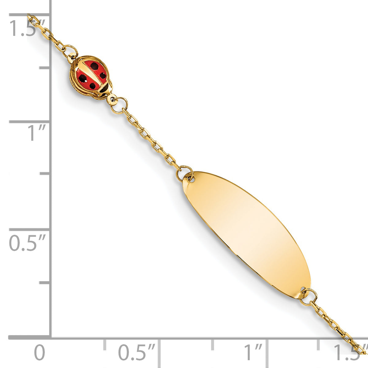 14K Polished Red Enamel Ladybug and 20x7mm Plate 5.5 inch with 0.5 inch Extender ID Bracelet