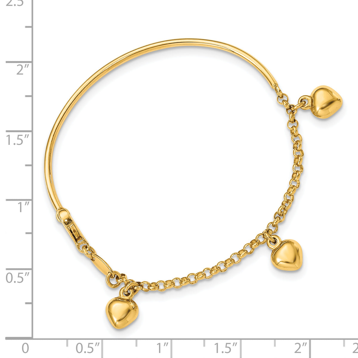 14k Yellow Gold Children's Dangle Heart 6 inch Bracelet, shown with a ruler for scale