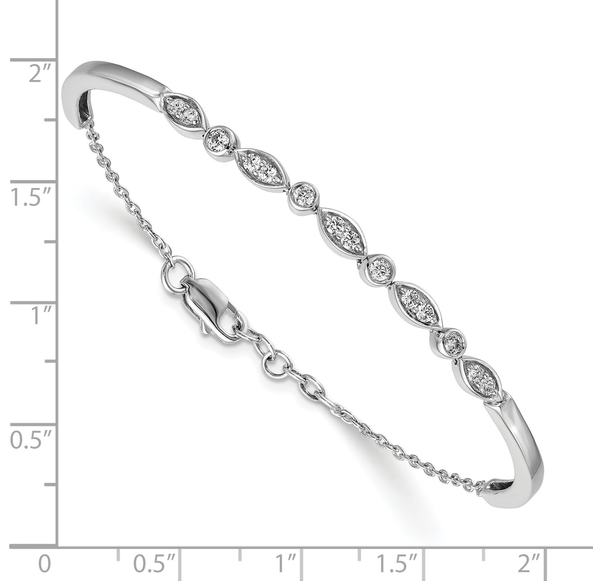 14k White Gold 1/2 carat Diamond Half-Bangle 6.75 inch Bracelet with 0.5 inch Extender, shown with a ruler for scale
