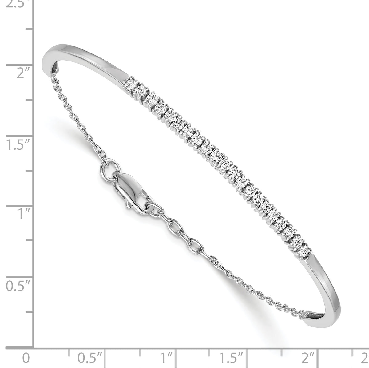 14k White Gold 3/4 carat Diamond Half-Bangle 6.75 inch Bracelet with 0.5 inch Extender, shown with a ruler for scale