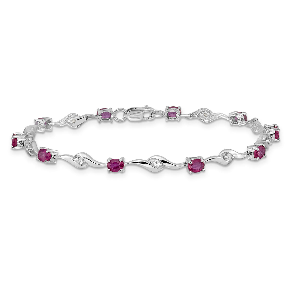 14k White Gold Oval Ruby and White Sapphire Curved Link 7 inch Bracelet, view 3