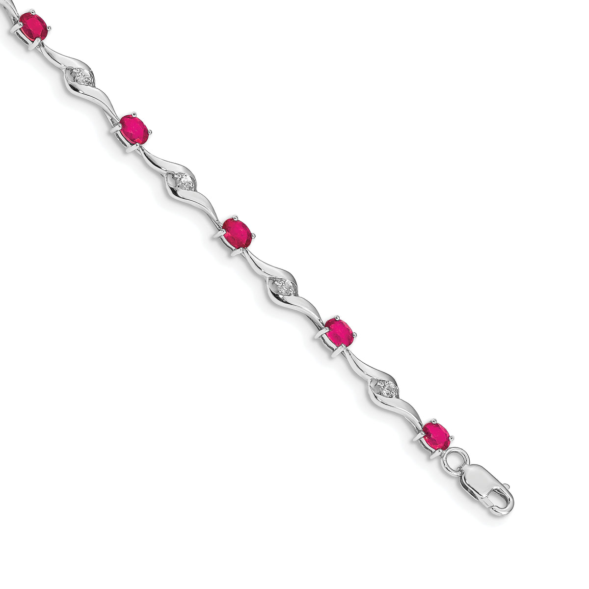 14k White Gold Oval Ruby and White Sapphire Curved Link 7 inch Bracelet