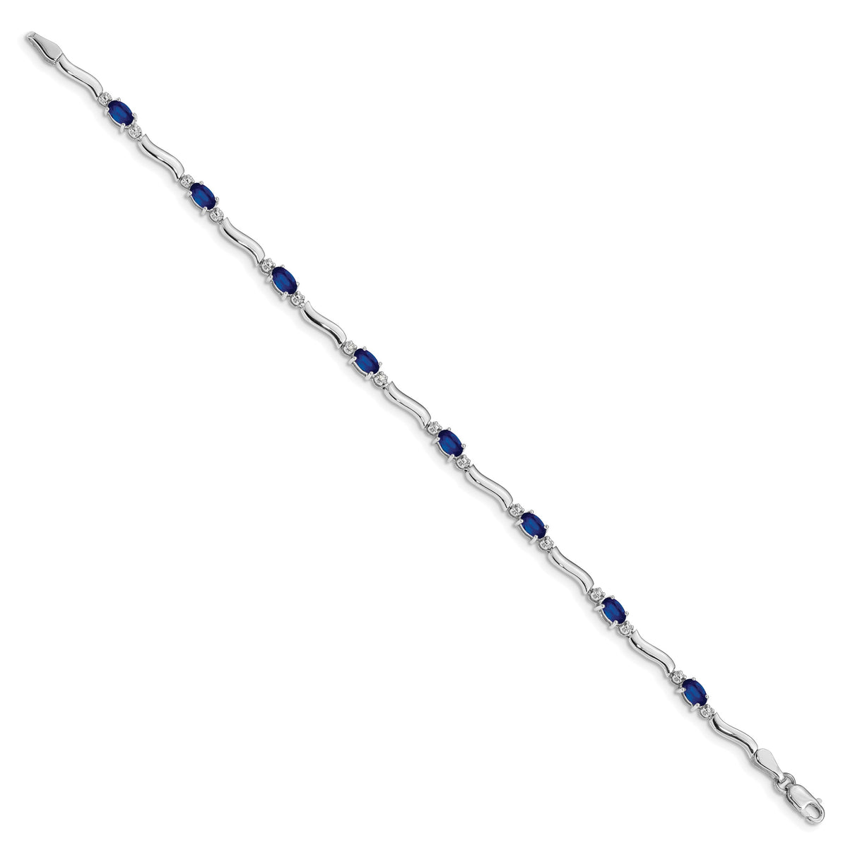 14k White Gold Complete Diamond Oval Sapphire Wavy Link 7 inch Bracelet