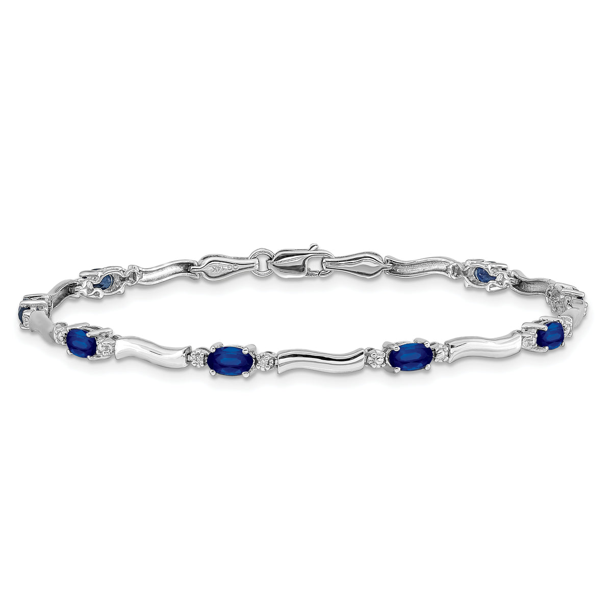 14k White Gold Complete Diamond Oval Sapphire Wavy Link 7 inch Bracelet