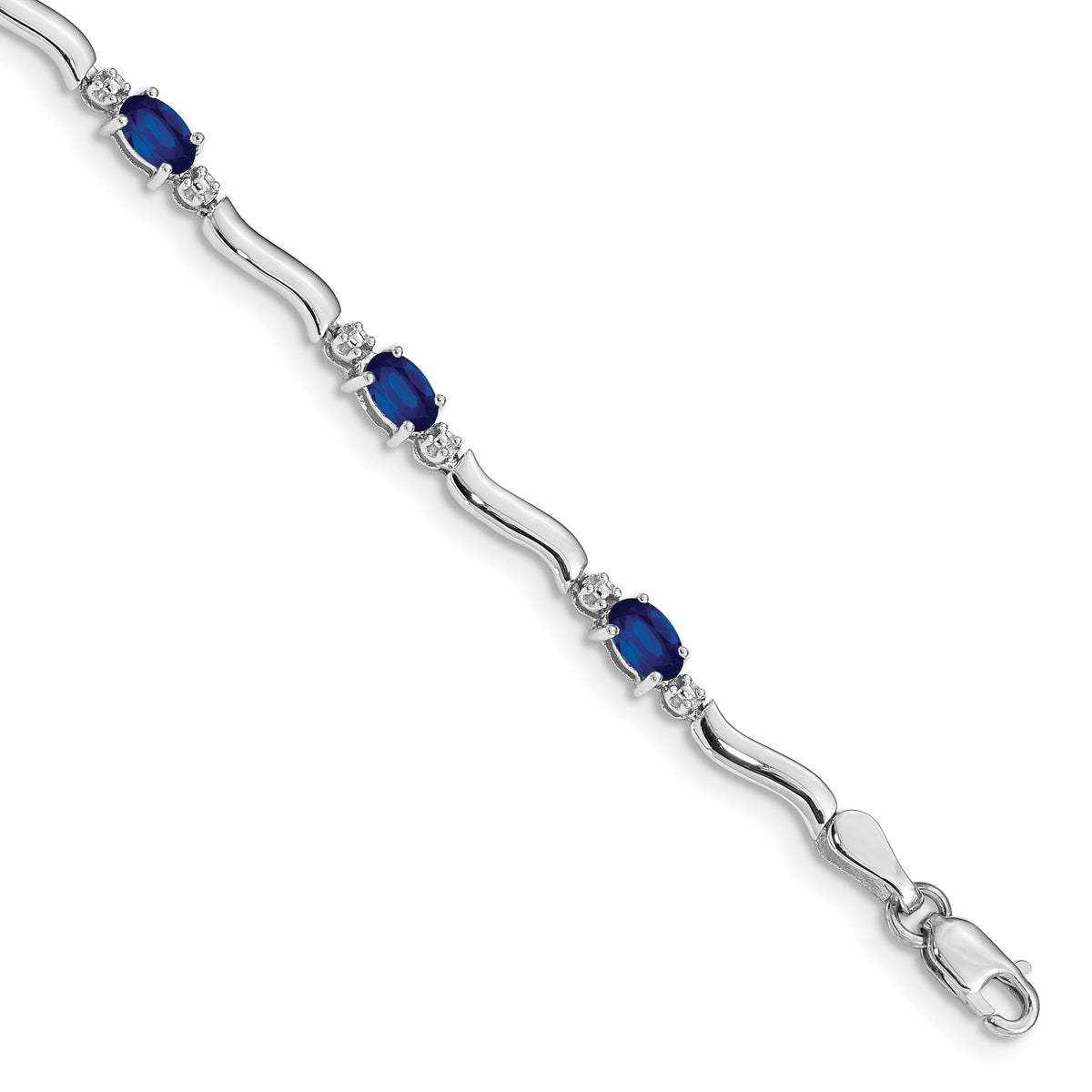14k White Gold Complete Diamond Oval Sapphire Wavy Link 7 inch Bracelet
