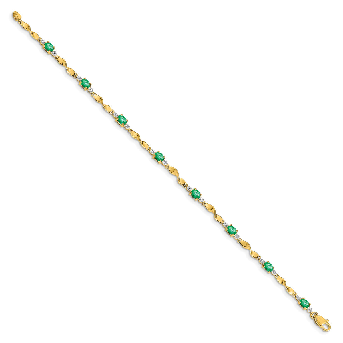 Diamond Oval Emerald Twisted Link 7 inch Bracelet - 10k Yellow Gold / None / Emerald