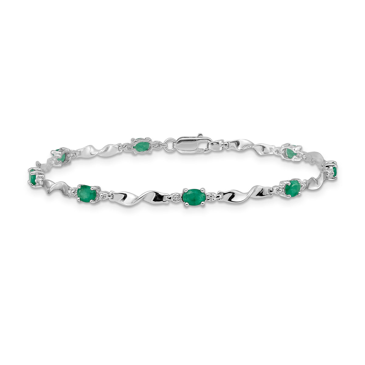 Diamond Oval Emerald Twisted Link 7 inch Bracelet - 14k White Gold / Emerald / Complete Emerald