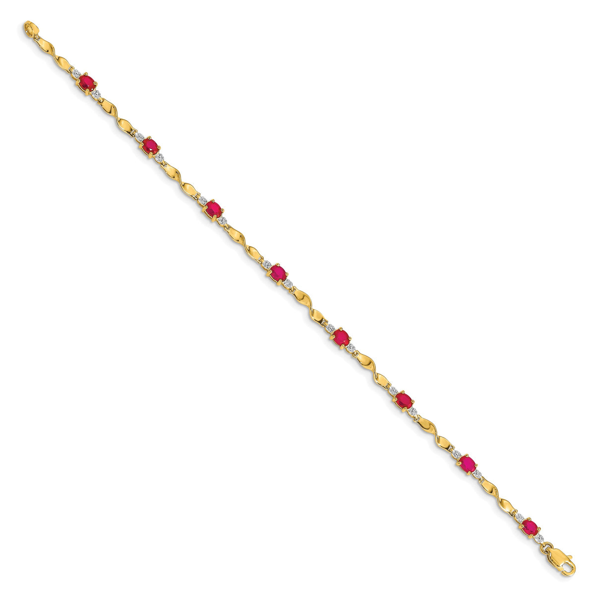Diamond Oval Emerald Twisted Link 7 inch Bracelet - 14k Yellow Gold / Ruby / Complete Ruby