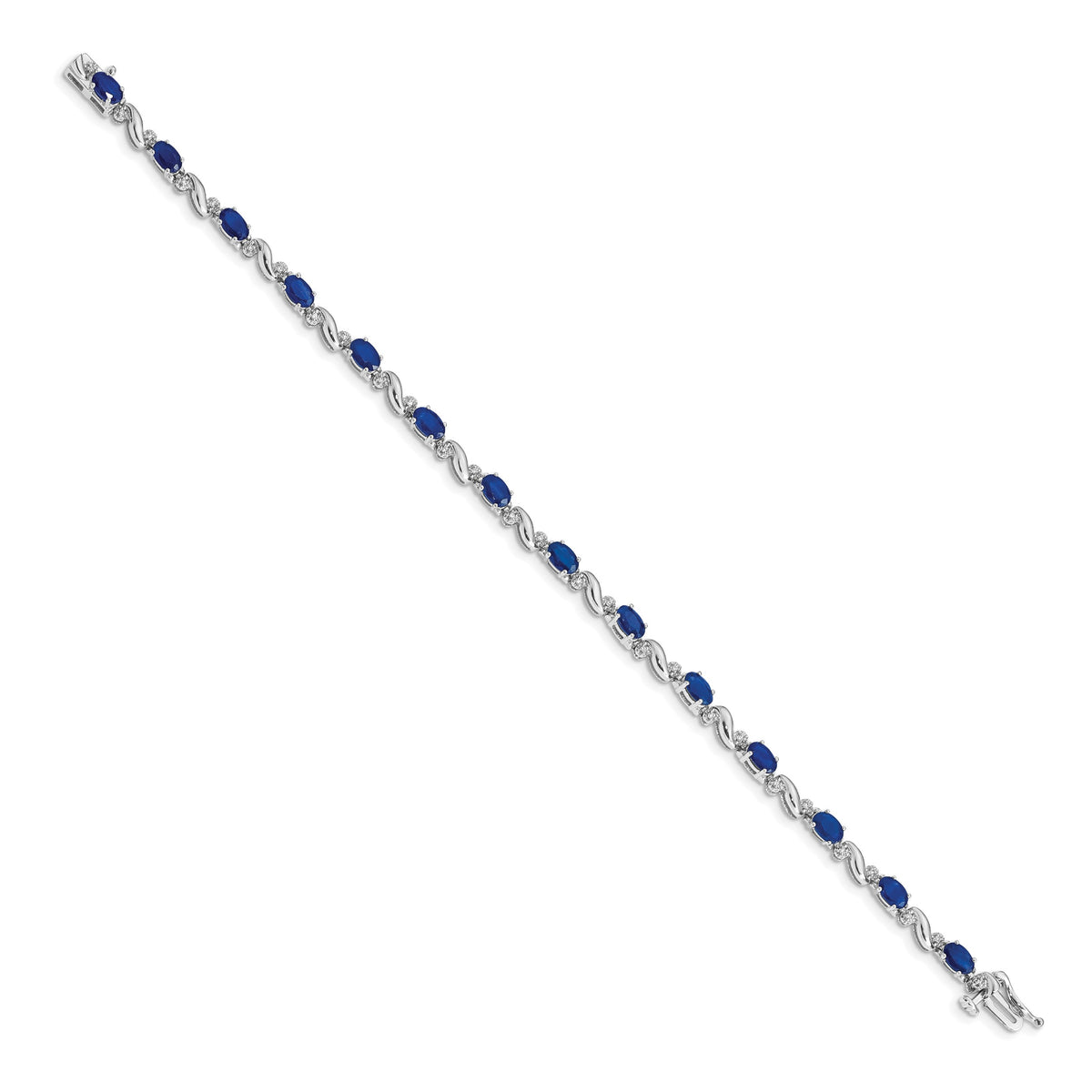 14k White Gold Complete Diamond Oval Sapphire Curved Link 7 inch Bracelet