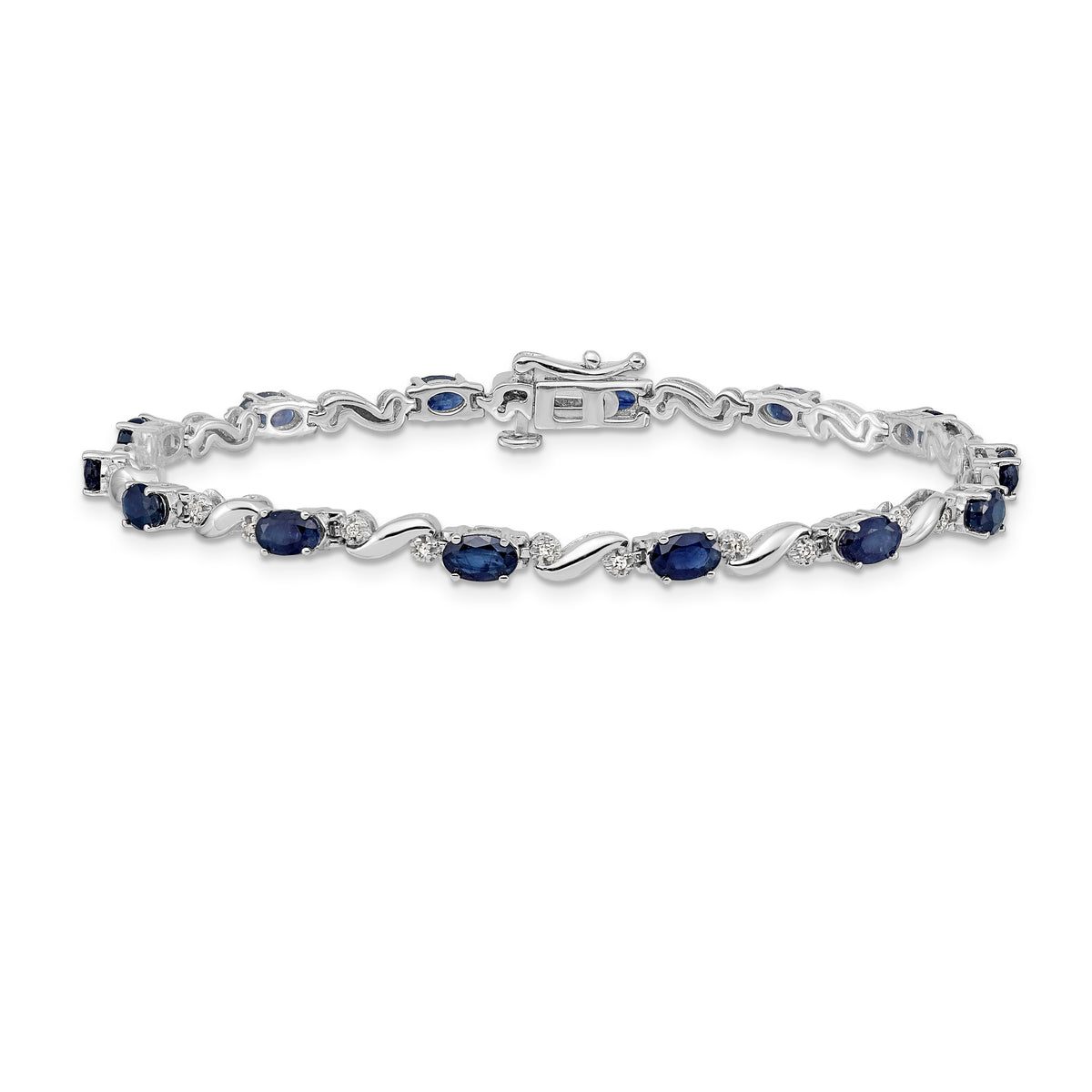 14k White Gold Complete Diamond Oval Sapphire Curved Link 7 inch Bracelet