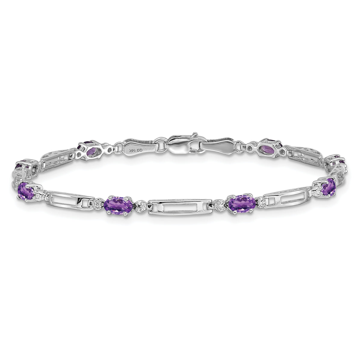 14k White Gold Diamond Oval Amethyst Fancy Link 7 inch Bracelet
