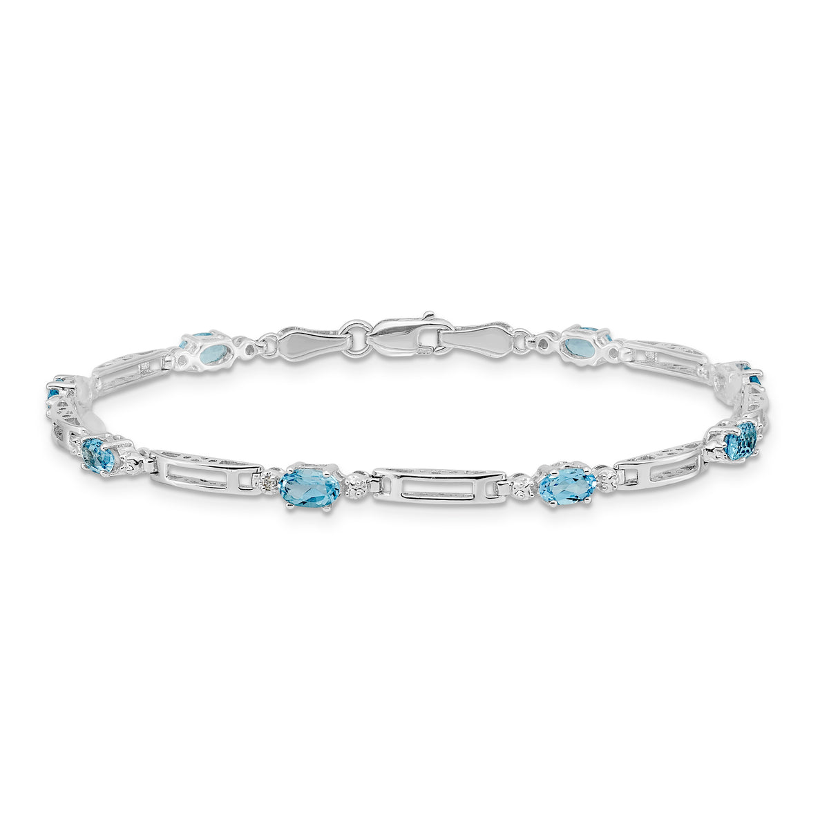 14k White Gold Diamond Oval Swiss Blue Topaz Fancy Link 7 inch Bracelet