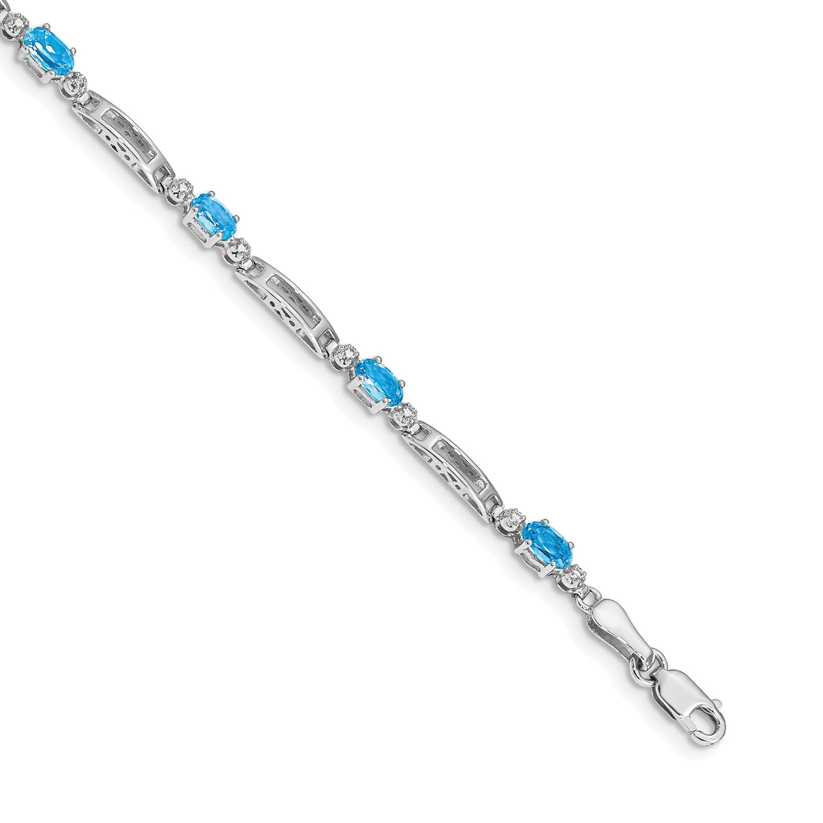 14k White Gold Diamond Oval Swiss Blue Topaz Fancy Link 7 inch Bracelet