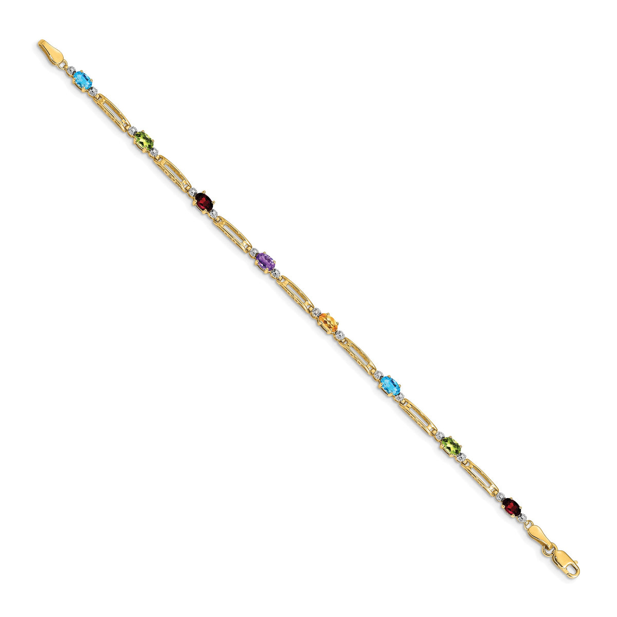 14k Yellow Gold Rainbow Gemstone and Diamond 7 inch Bracelet, view 2