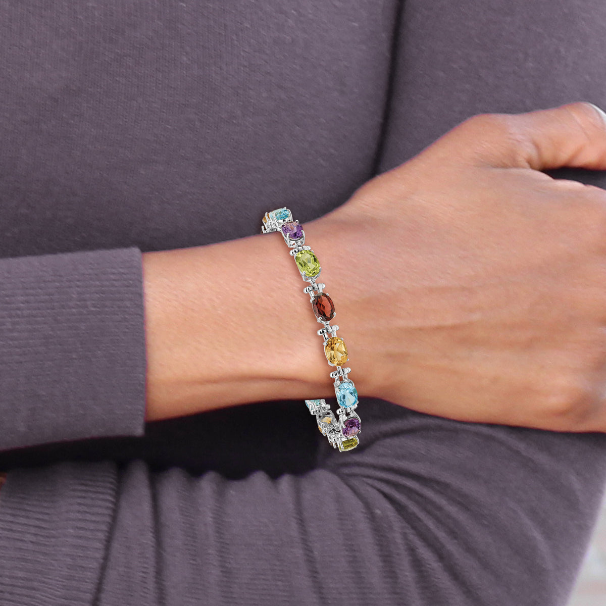 14k White Gold Rainbow Gemstone 7 inch Bracelet, view 6