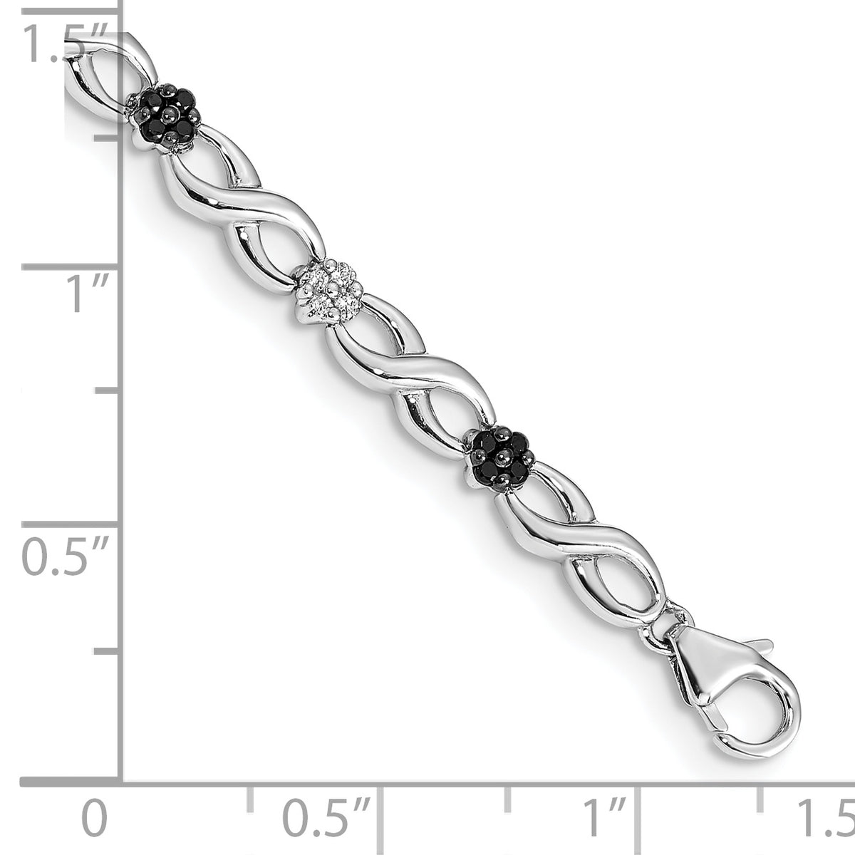 14k White Gold 1/2 carat White and Black Diamond Flower Infinity 7 inch Bracelet, shown with a ruler for scale