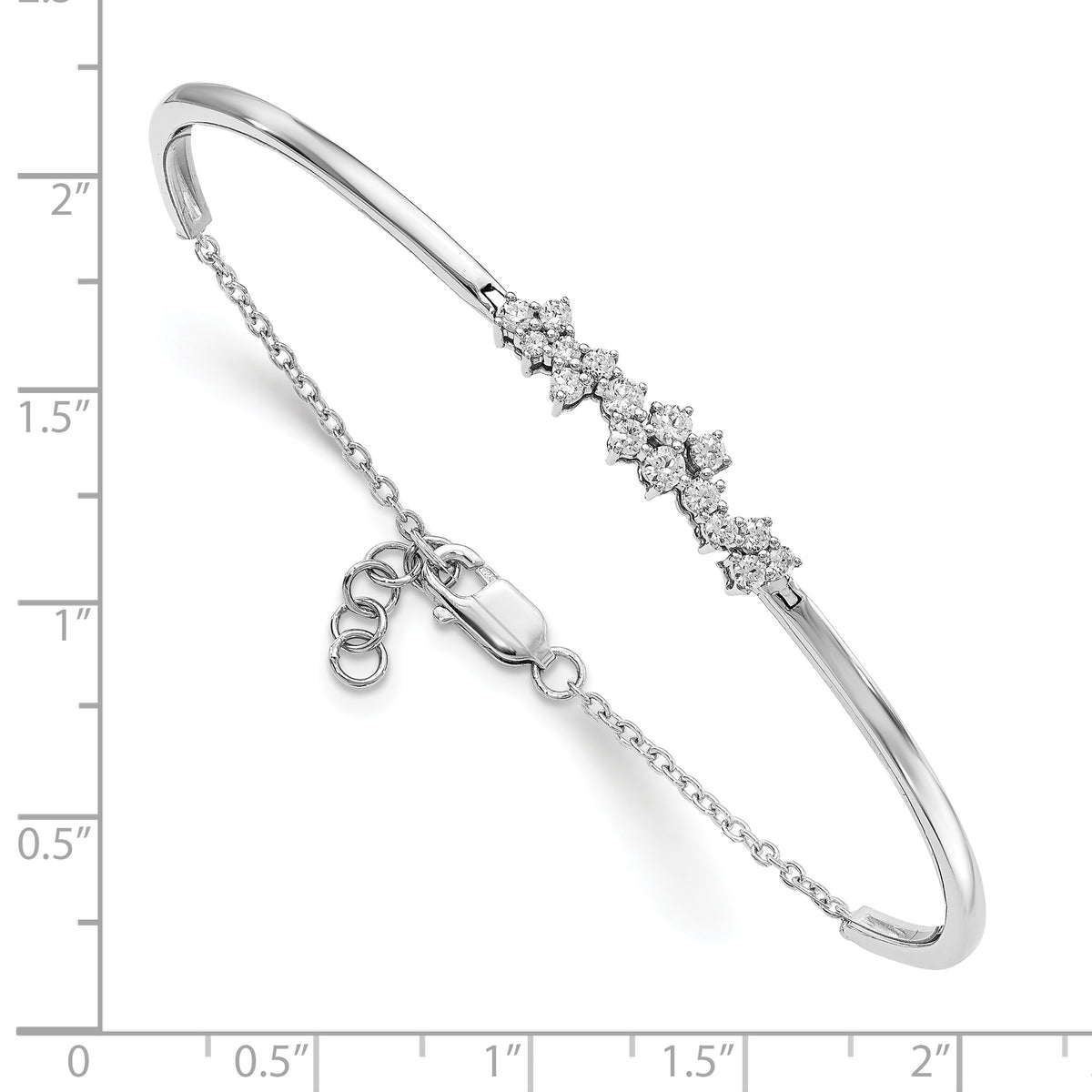 14k White Gold 1/2 carat Diamond Half-Bangle 7 inch Bracelet with 0.5 inch Extender, shown with a ruler for scale