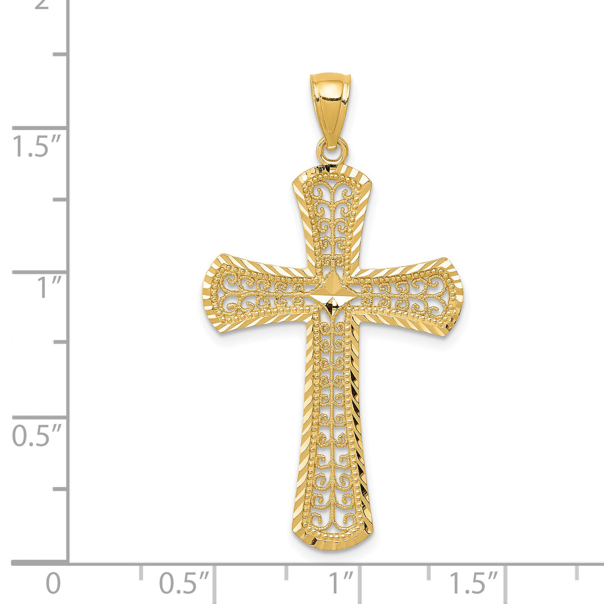 14k Yellow Gold Diamond-cut Filigree Cross Pendant, shown with a ruler for scale