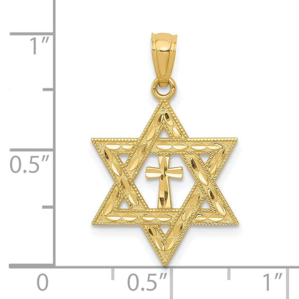14k Yellow Gold Diamond-cut Star of David with Cross Pendant, shown with a ruler for scale